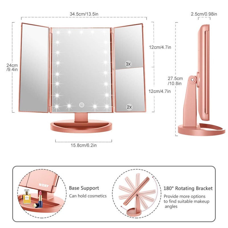 WEILY Lighted Makeup Mirror  Tri-fold Vanity Mirror with 1X/2X/3X Magnification Mirrors  21 Natural LED Nights and Touch Screen  Chargeable Travel Cosmetic Mirror for Desktop (Rose Gold) - Image 4